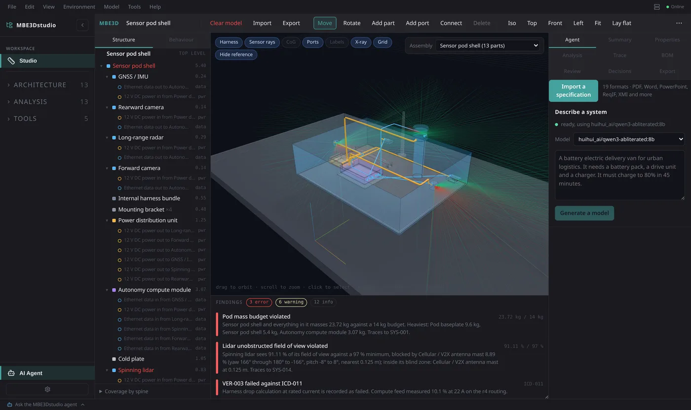 MBE3Dstudio in its dark theme showing an autonomy sensor pod sitting on a vehicle roof in X-ray, the lidar's field of view drawn as a sweep that turns red where the antenna mast blocks it, the assembly tree on the left, the agent panel on the right, and a findings panel below the viewport listing that blocked field of view and a failed verification.