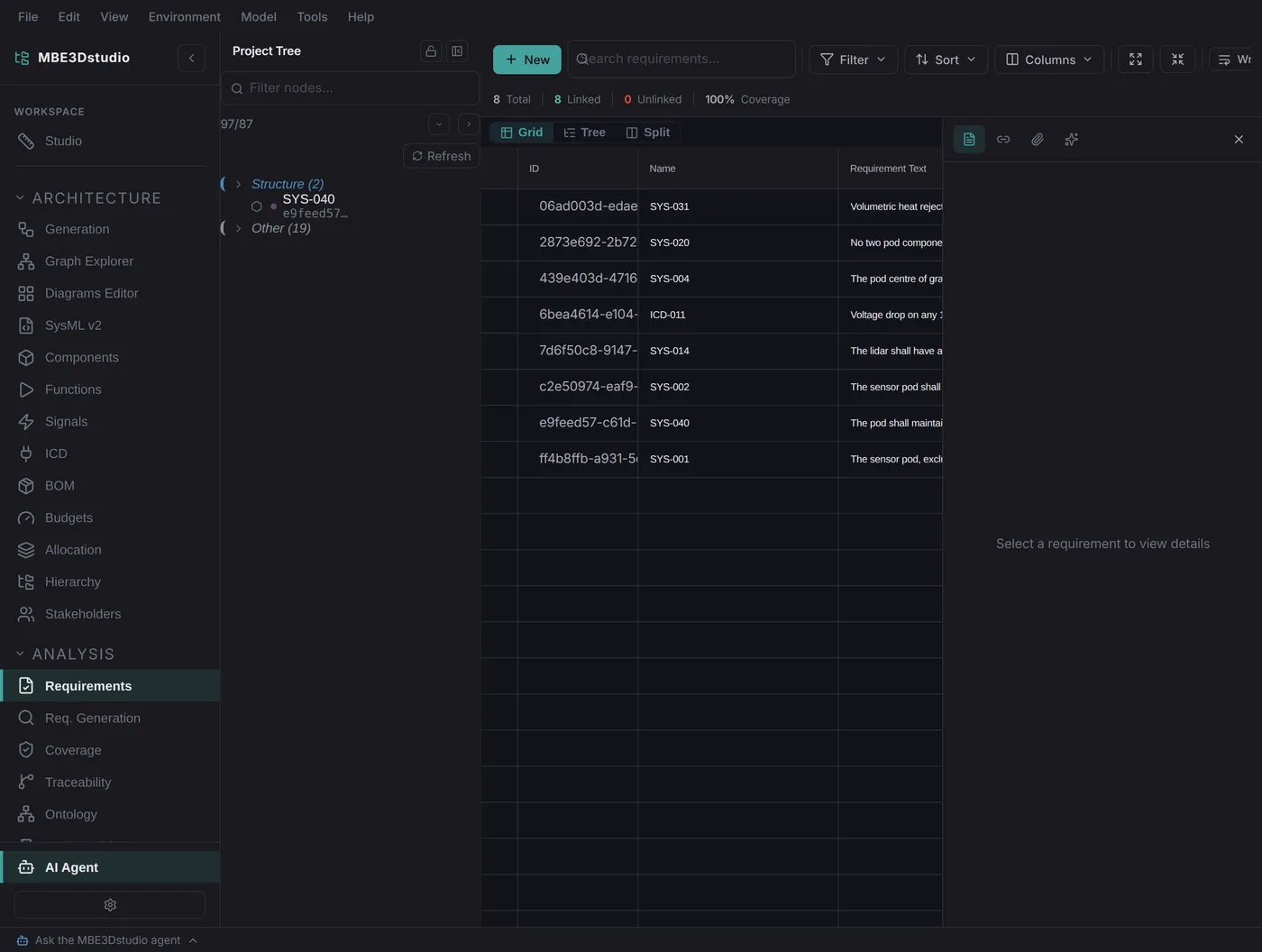 The Requirements view: a register of requirements with their tags and text, filtered and sorted, with counts for how many are linked and unlinked.